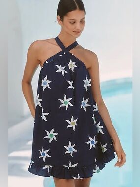 CELANDINE Anthropologie Halter Ruffle-Hem Babydoll Mini Dress